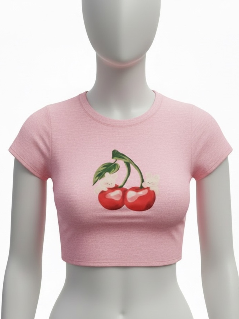 Pink Kawaii Y2K Crop Top with Bunnies and Cherry Design (free with purchase)